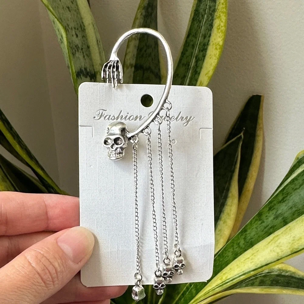 Silver Skull around the ears Chain Earrings